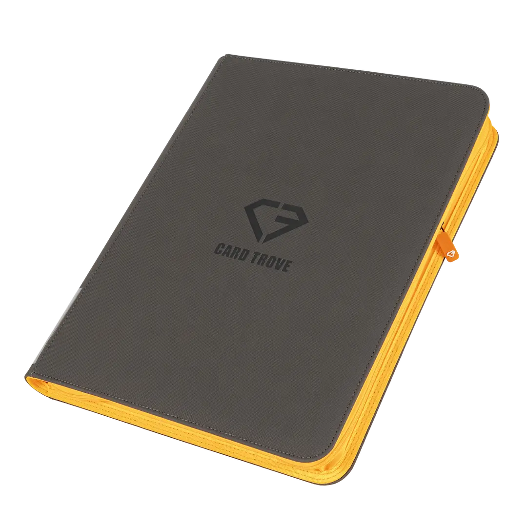 9-Pocket Toploader Card Binder - Trove Limited in grey with orange zipper for storing 252 standard toploaders.
