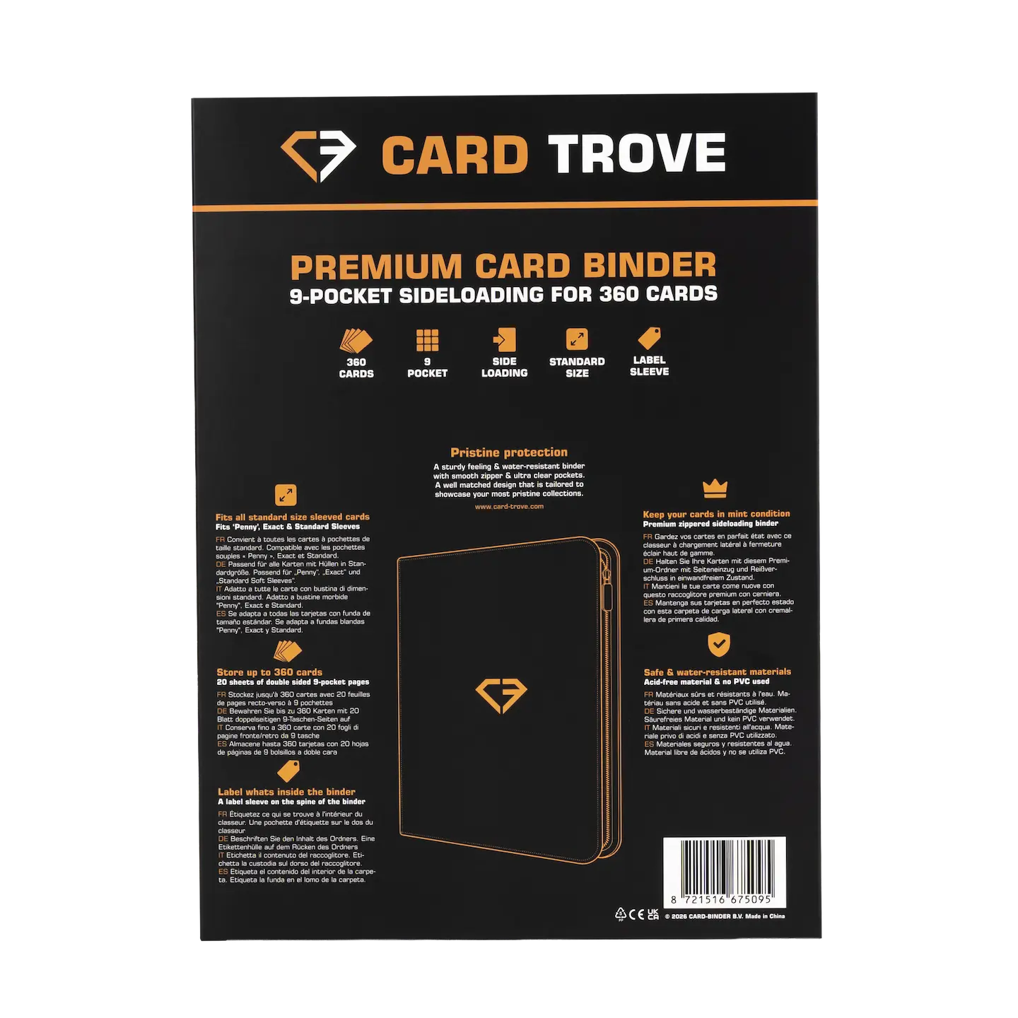 9-Pocket Card Binder Black back view showing premium features and capacity for 360 standard cards.