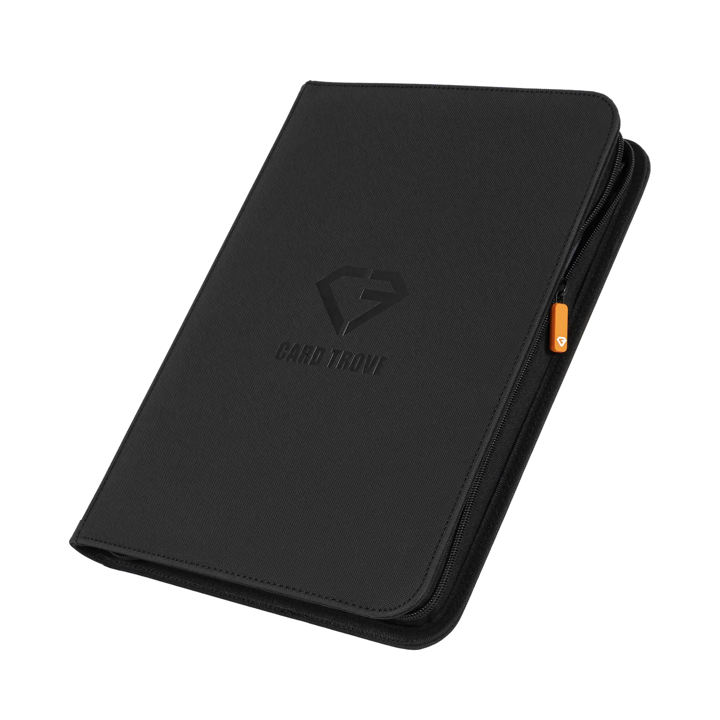 9-Pocket Card Binder Black for storing trading cards, featuring durable splash-resistant materials and smooth zipper.