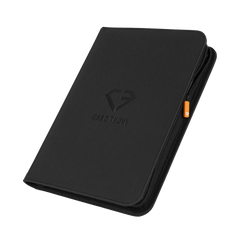 9-Pocket Card Binder Black for storing trading cards, featuring durable splash-resistant materials and smooth zipper.