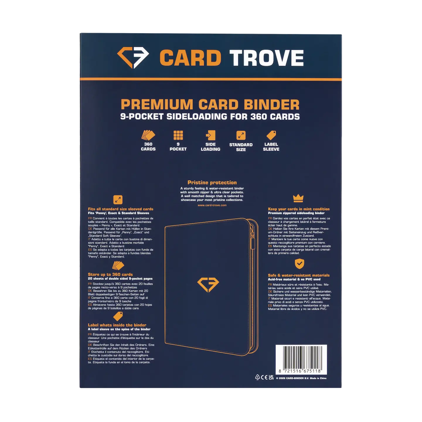9-Pocket Card Binder Blue back cover showing features for 360 standard trading cards.