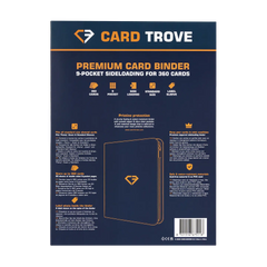 9-Pocket Card Binder Blue back cover showing features for 360 standard trading cards.