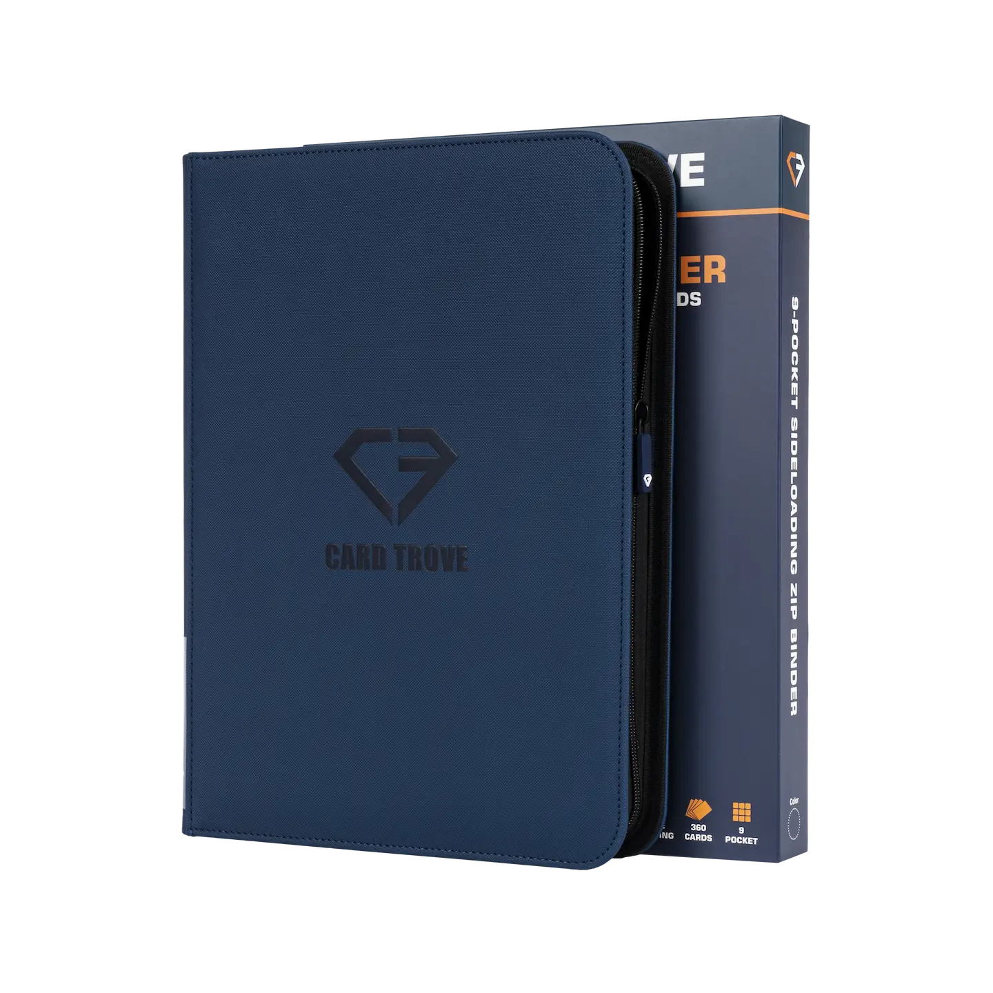 9-Pocket Card Binder Blue with smooth zipper and ultra-clear sideloading compartments for trading cards.