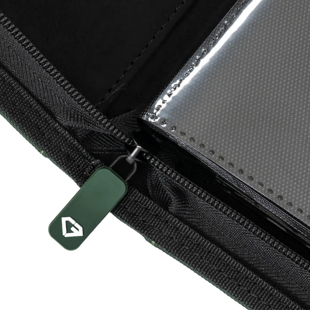 9-Pocket Card Binder Green zipper detail showcasing durable construction and ultra-clear compartments for trading cards.