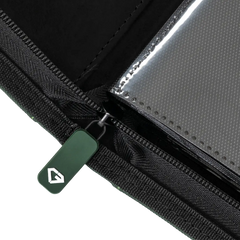 9-Pocket Card Binder Green zipper detail showcasing durable construction and ultra-clear compartments for trading cards.