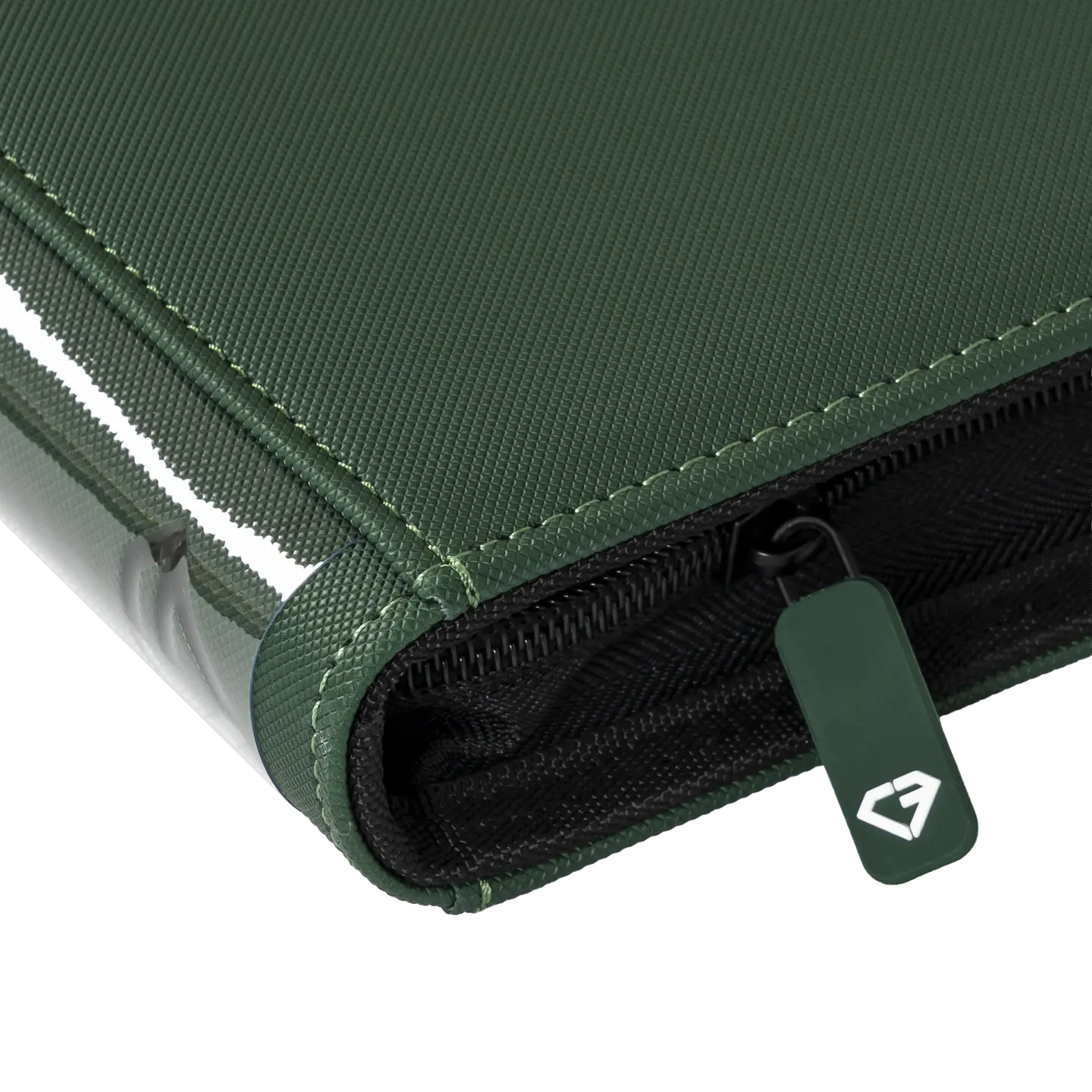 9-Pocket Card Binder Green close-up showing zipper and premium finish for trading cards.