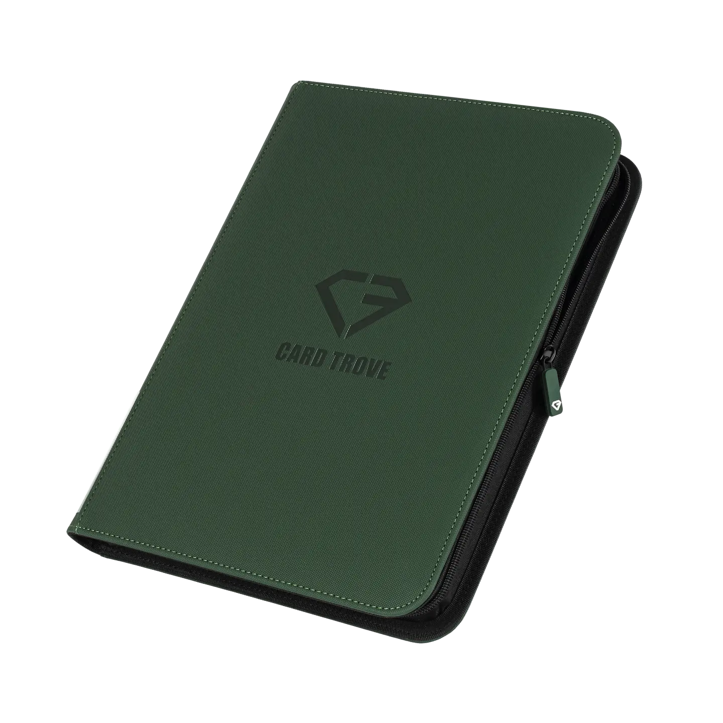 9-Pocket Card Binder Green with smooth zipper and splash resistant surface for storing trading cards.