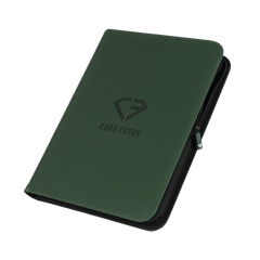 9-Pocket Card Binder Green with smooth zipper and splash resistant surface for storing trading cards.
