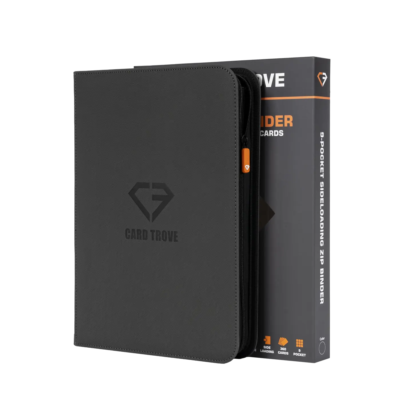 9 Pocket Card Binder in gray color with ultra-clear compartments and smooth zipper for trading cards