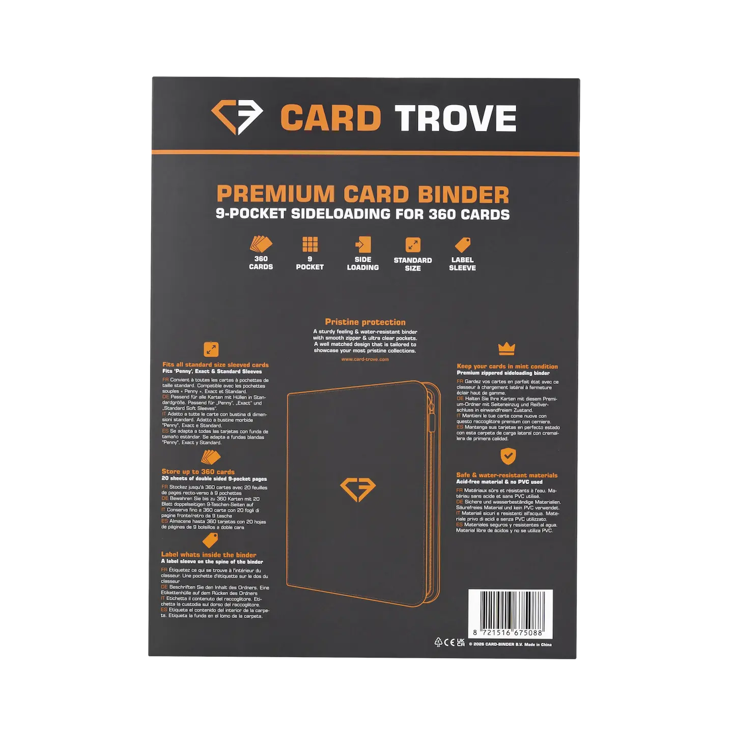 9 Pocket Card Binder with premium design for 360 standard trading cards, featuring sideloading pockets and sturdy construction.