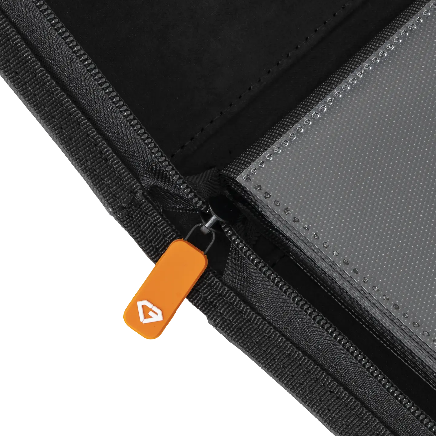 Close-up of the zipper on the 9 Pocket Card Binder, highlighting the sturdy design and smooth functionality.