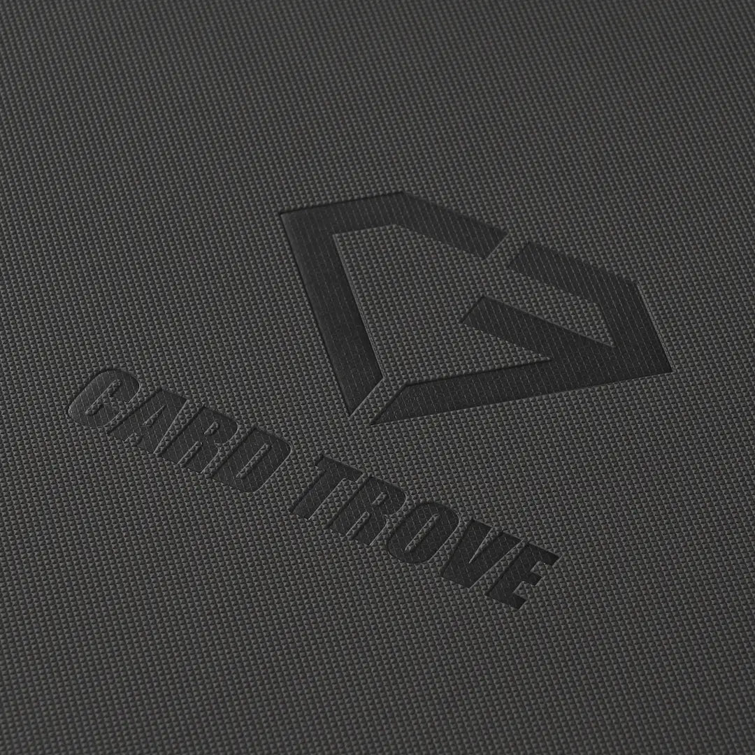Close-up of the textured surface of a gray 9 Pocket Card Binder with embossed logo.
