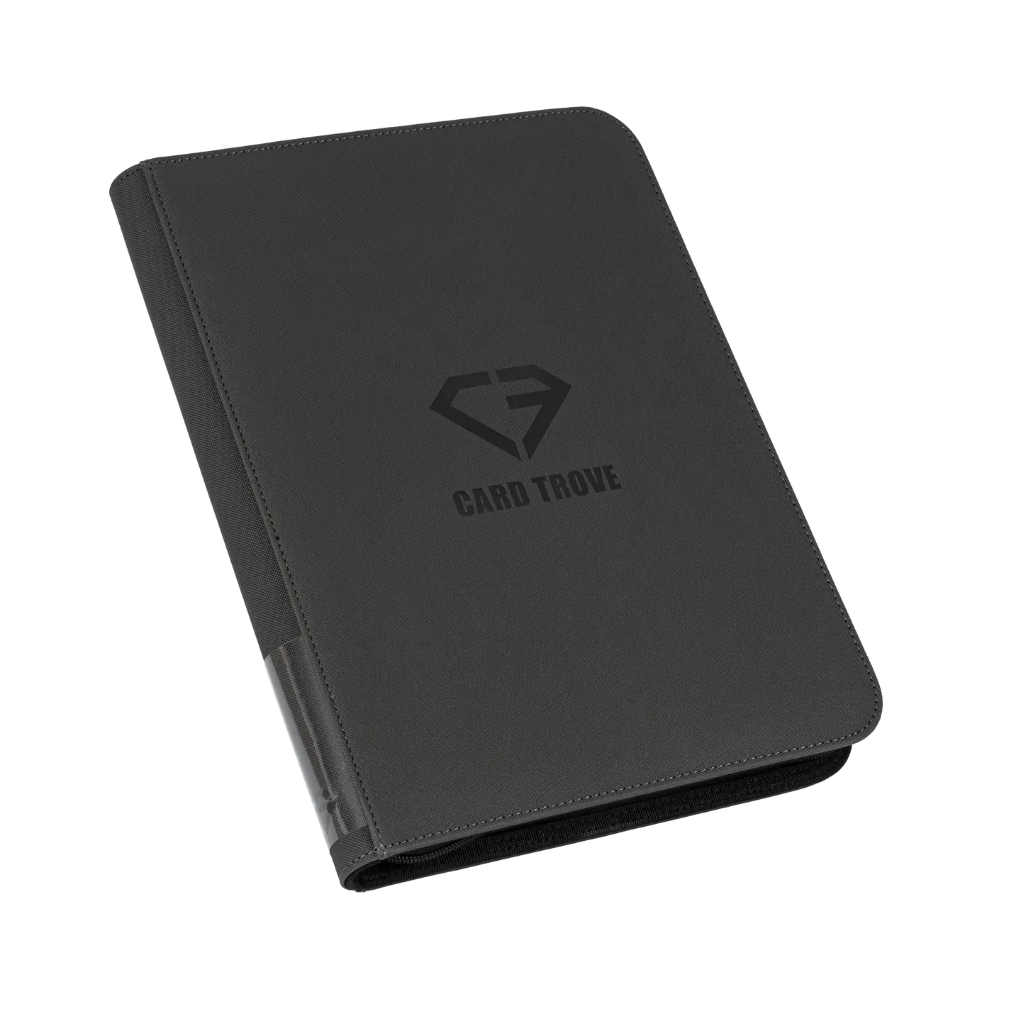 9 Pocket Card Binder gray designed for 360 standard trading cards with smooth zipper and splash resistant finish.