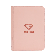 9 Pocket Card Binder Pink in pastel pink with a logo, designed for trading cards and featuring smooth zipper compartments.