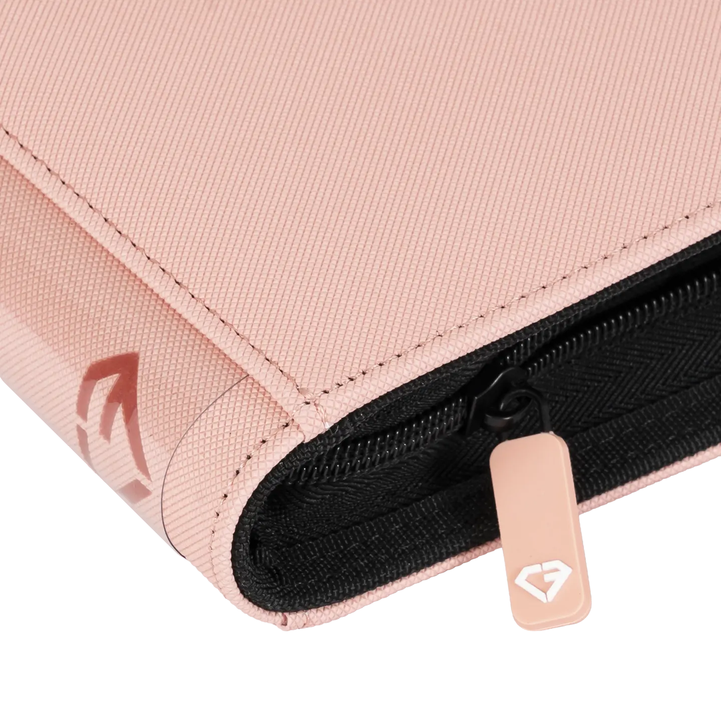 9 Pocket Card Binder Pink close-up view showing smooth zipper and premium pastel pink finish.