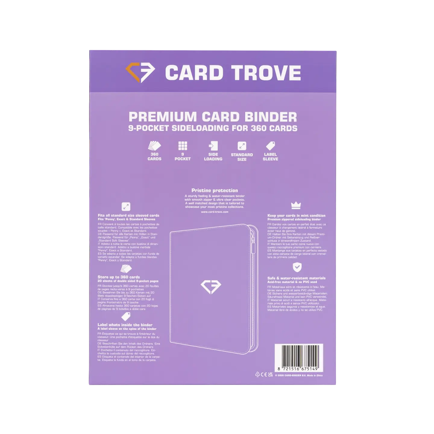 9-Pocket Card Binder Purple back view showing features for storing trading cards.