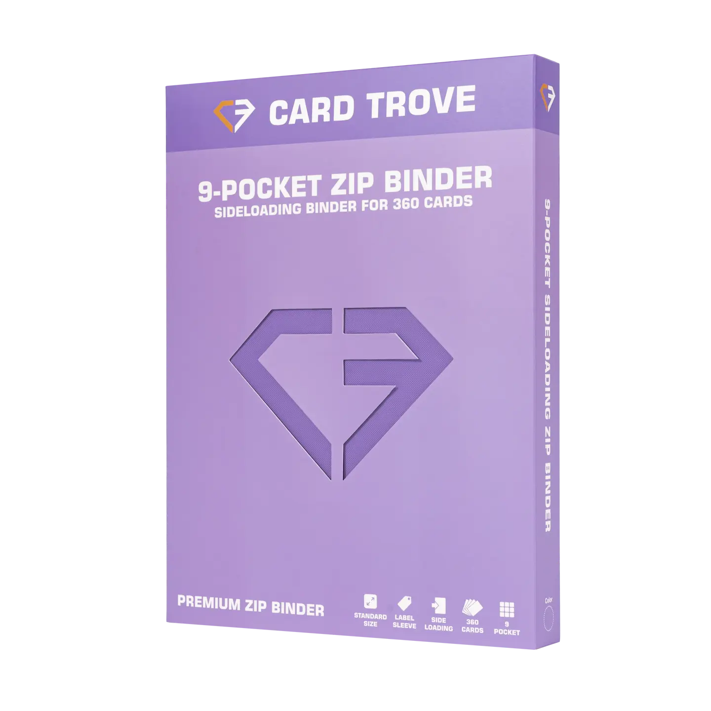 9-Pocket Card Binder Purple, premium zip binder for 360 standard trading cards, splash-resistant surface.