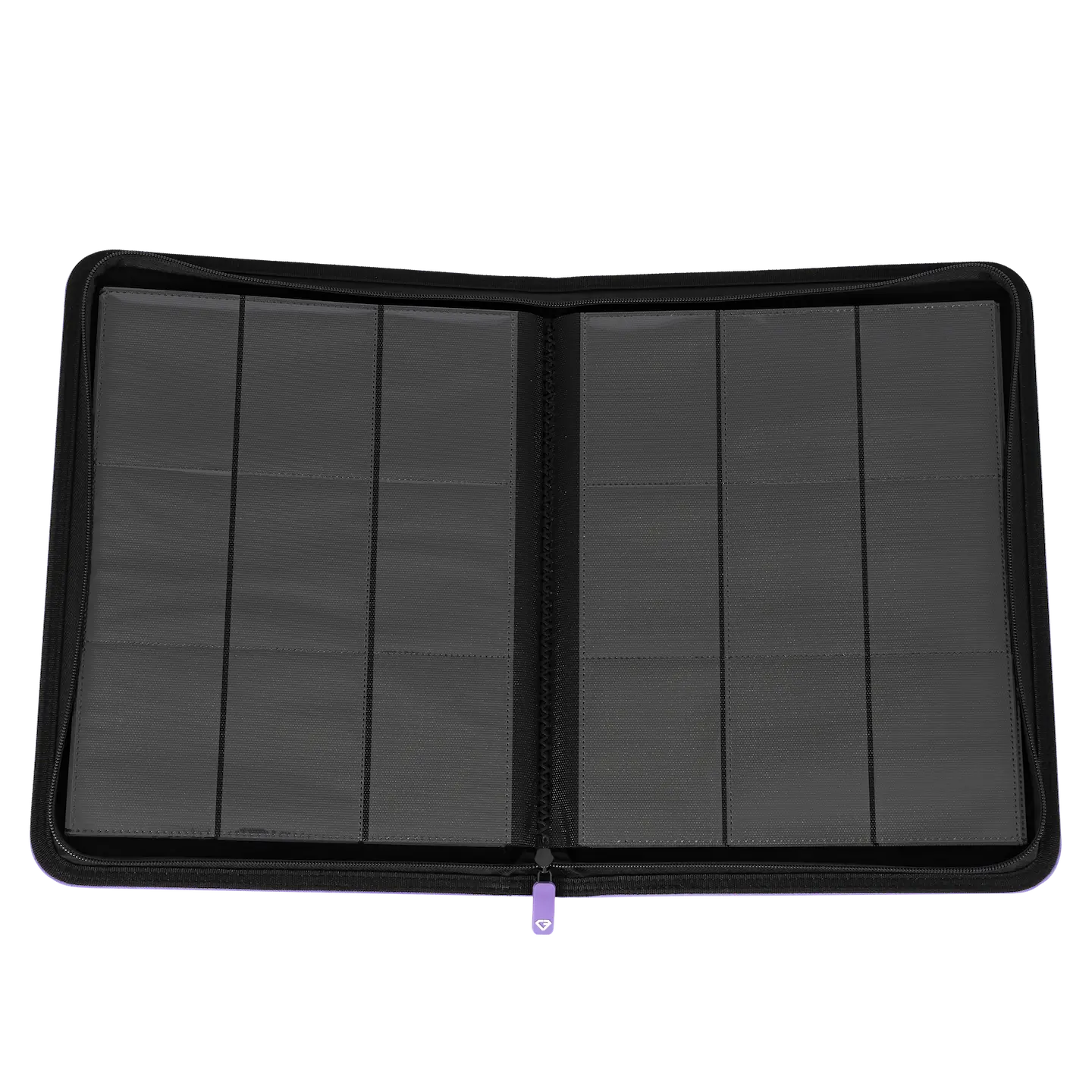 Open 9-Pocket Card Binder Purple showing compartments for trading cards.