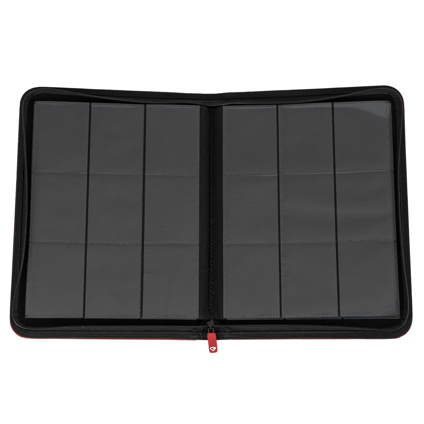 Open view of a 9-Pocket Card Binder Red showcasing clear compartments for organizing trading cards.