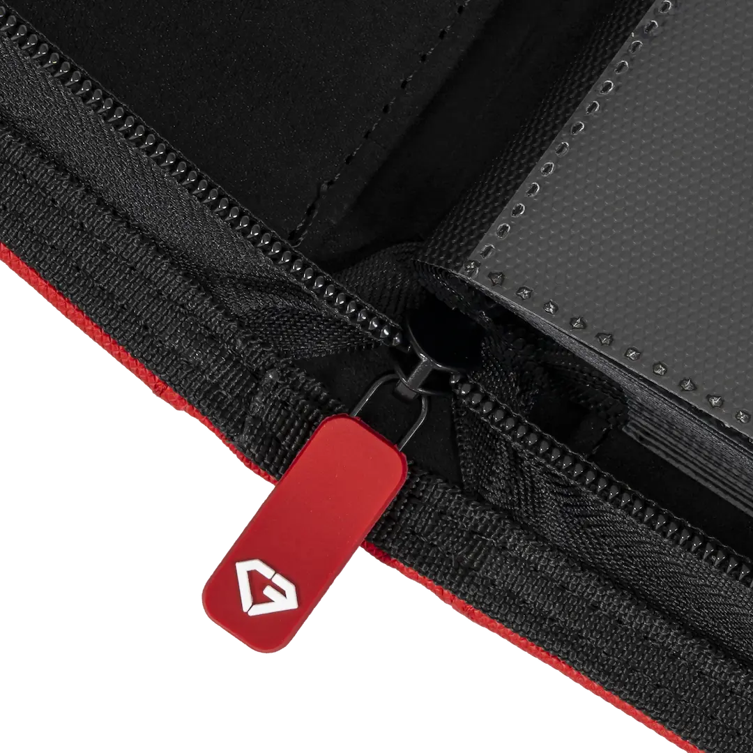 Close-up of the zipper on the 9-Pocket Card Binder Red, showcasing quality and durability for trading card storage.