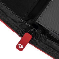 Close-up of the zipper on the 9-Pocket Card Binder Red, showcasing quality and durability for trading card storage.
