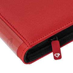 9-Pocket Card Binder Red close-up view showing sturdy zipper and premium red fabric.