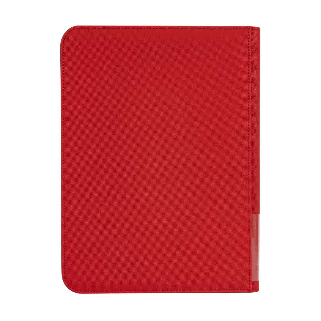 9-Pocket Card Binder Red, durable binder for standard trading cards, splash resistant with smooth zipper.