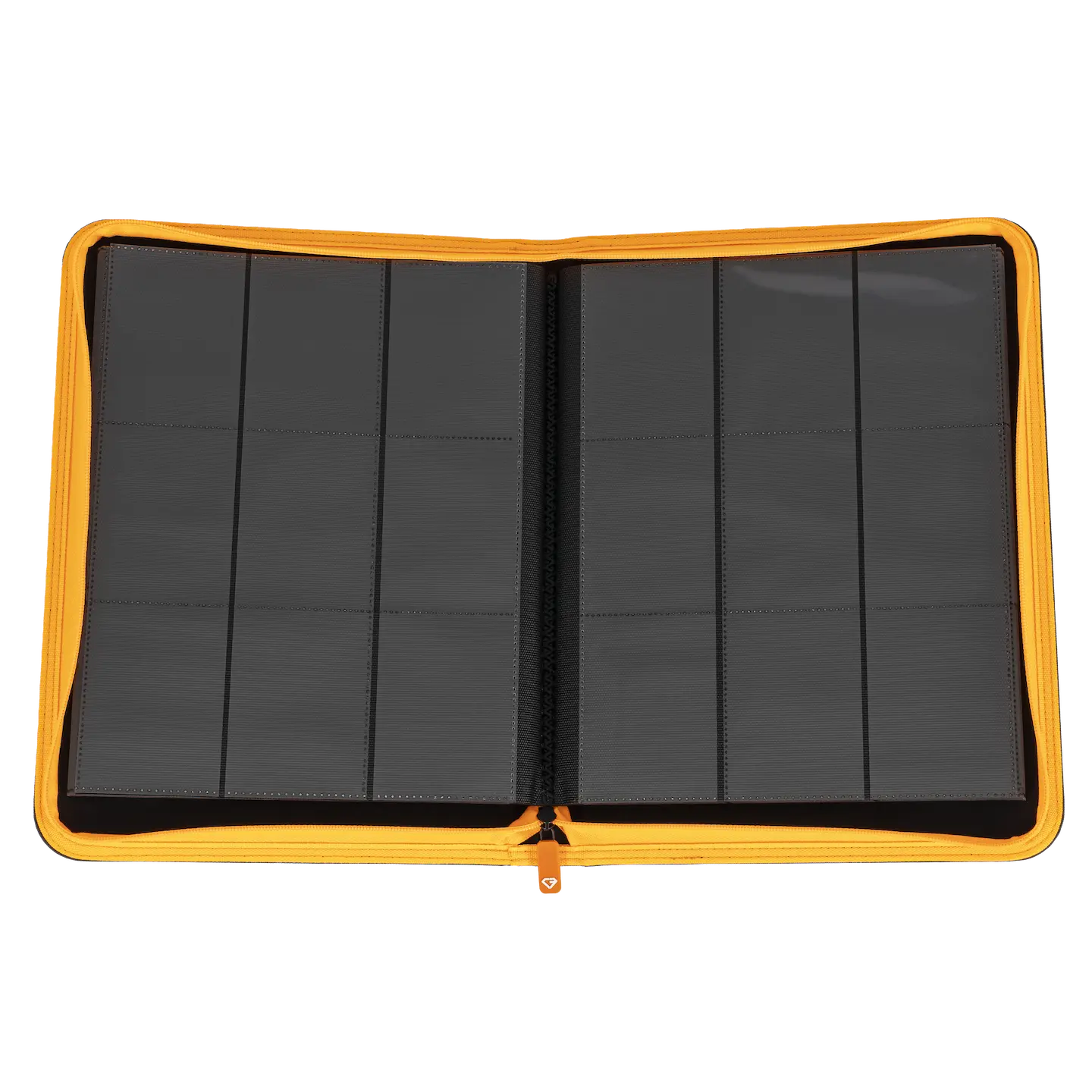 9-Pocket Card Binder - Trove Limited showing open compartments for trading cards in black and orange design.