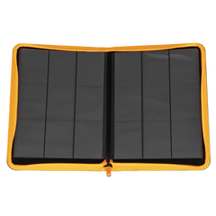 9-Pocket Card Binder - Trove Limited showing open compartments for trading cards in black and orange design.