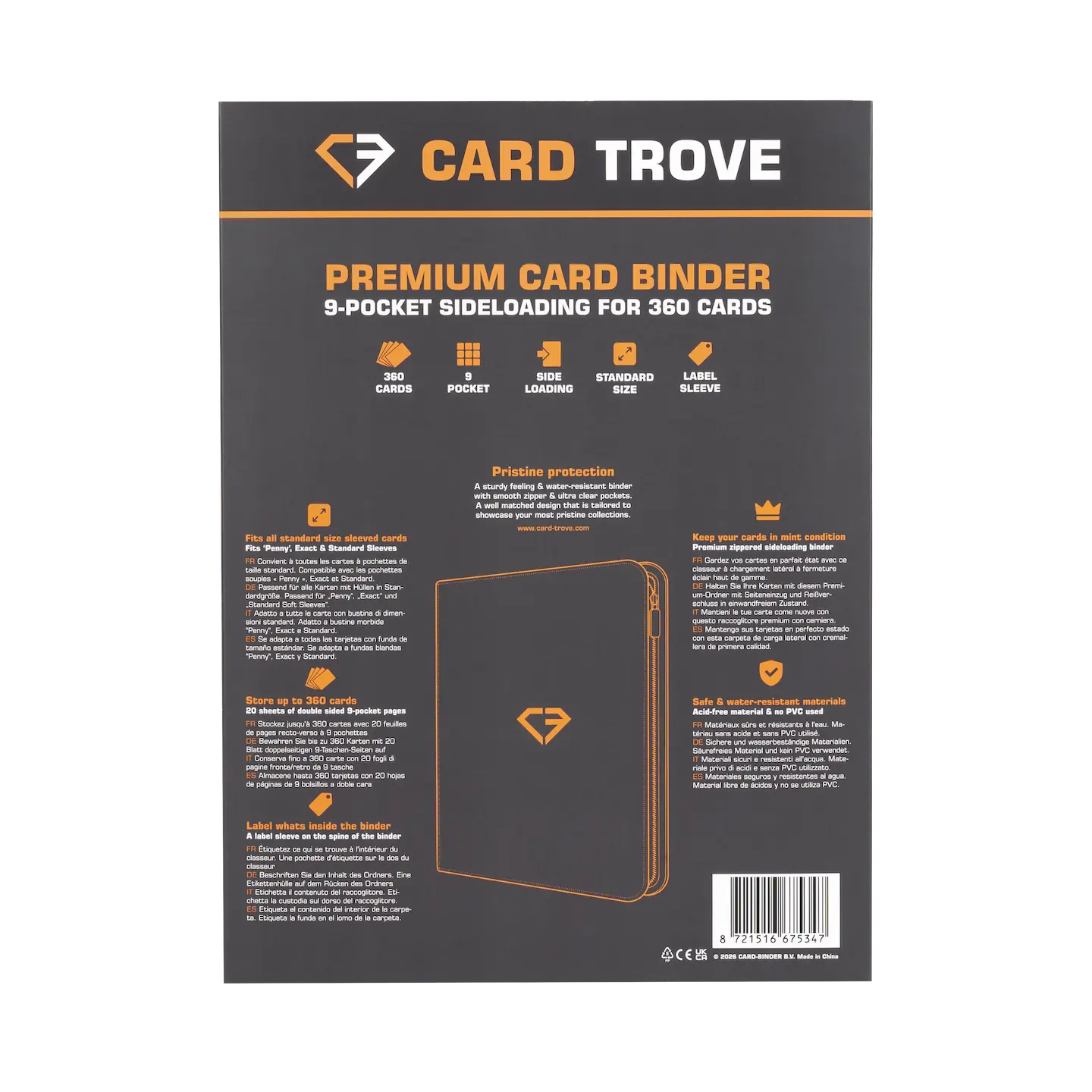 9-Pocket Card Binder - Trove Limited back design showcasing features for 360 standard trading cards.