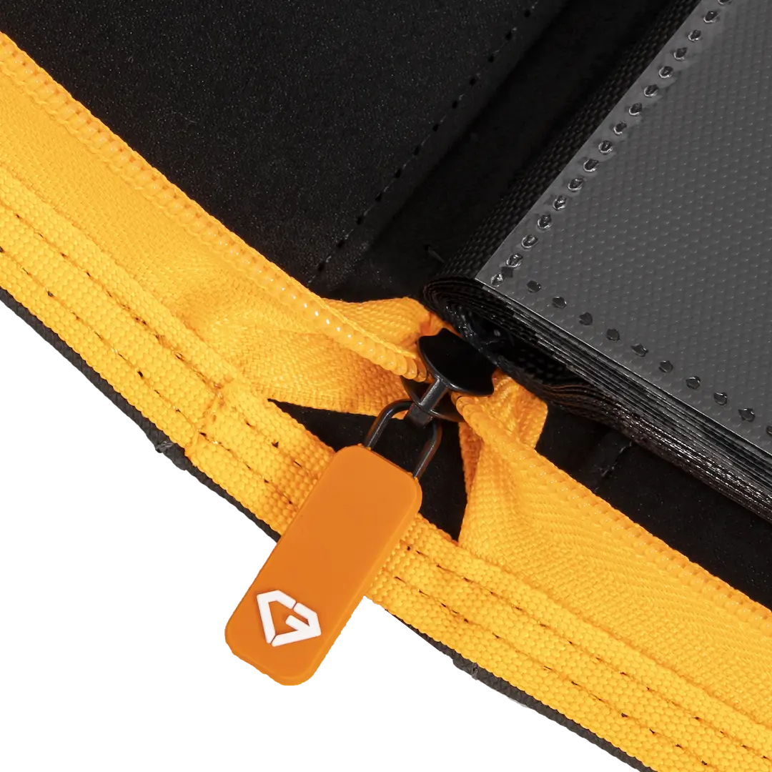 9-Pocket Card Binder - Trove Limited zipper detail with orange pull tab and quality stitching for secure card storage.