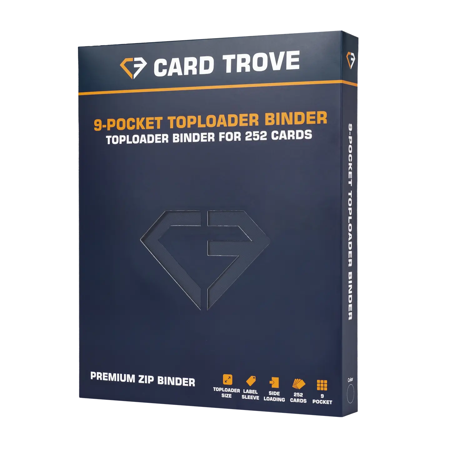 9-Pocket Toploader Card Binder Blue packaging, designed for 252 standard card toploaders with premium zip feature.