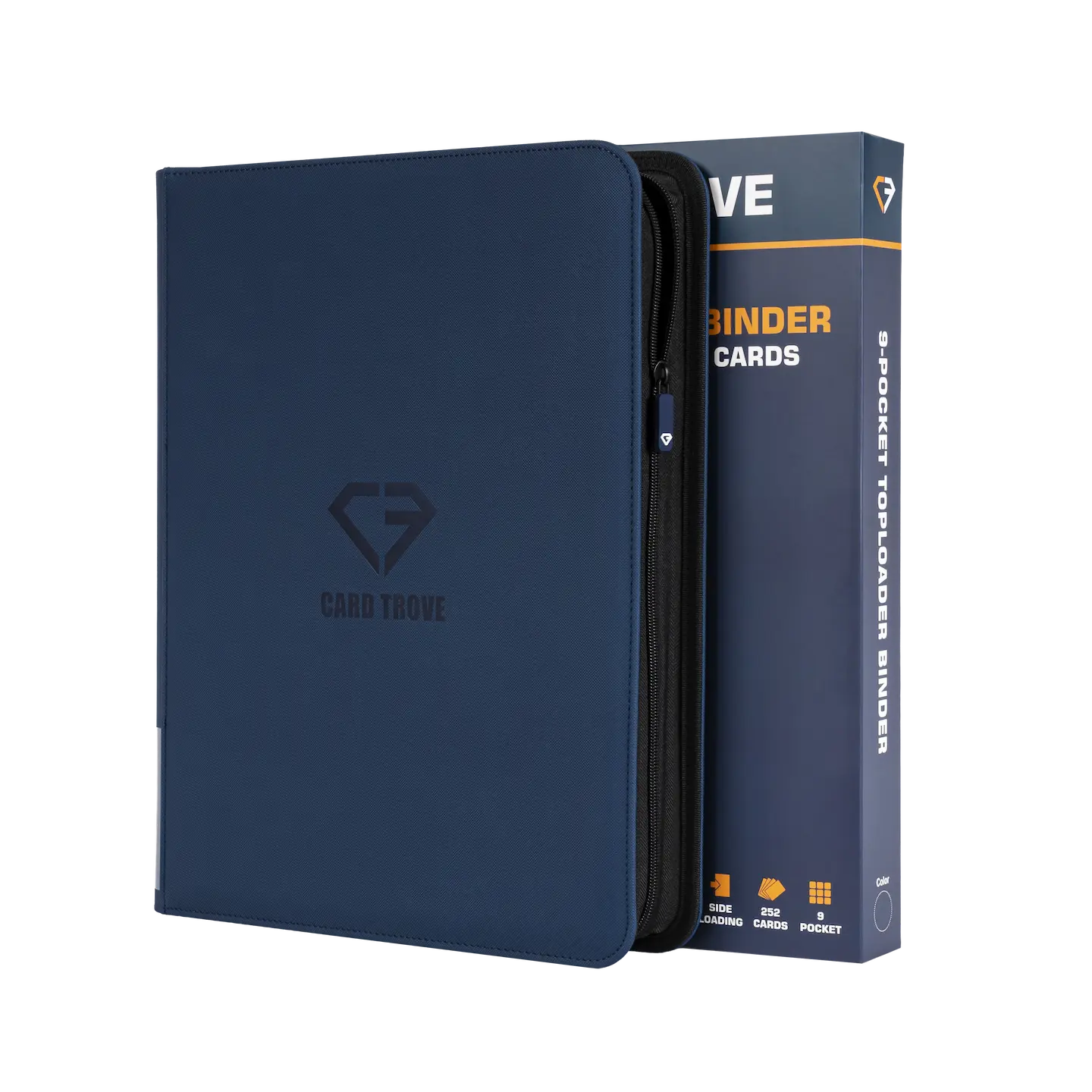 9-Pocket Toploader Card Binder Blue for storing 252 standard toploaded trading cards with zipper closure.
