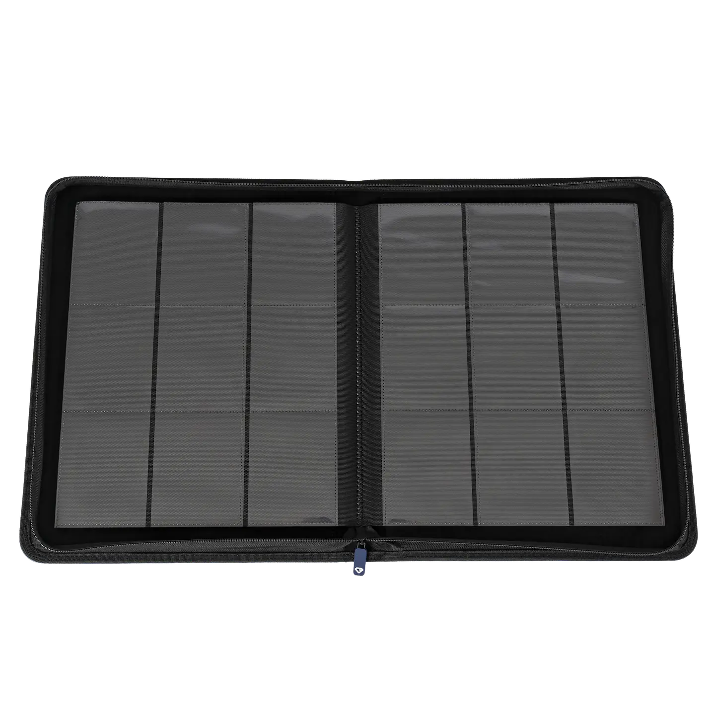9-Pocket Toploader Card Binder Blue with ultra clear sideloading compartments and smooth zipper.