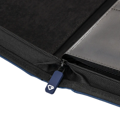 Close-up of the zipper on the 9-Pocket Toploader Card Binder Blue, showcasing fine quality and durable design.