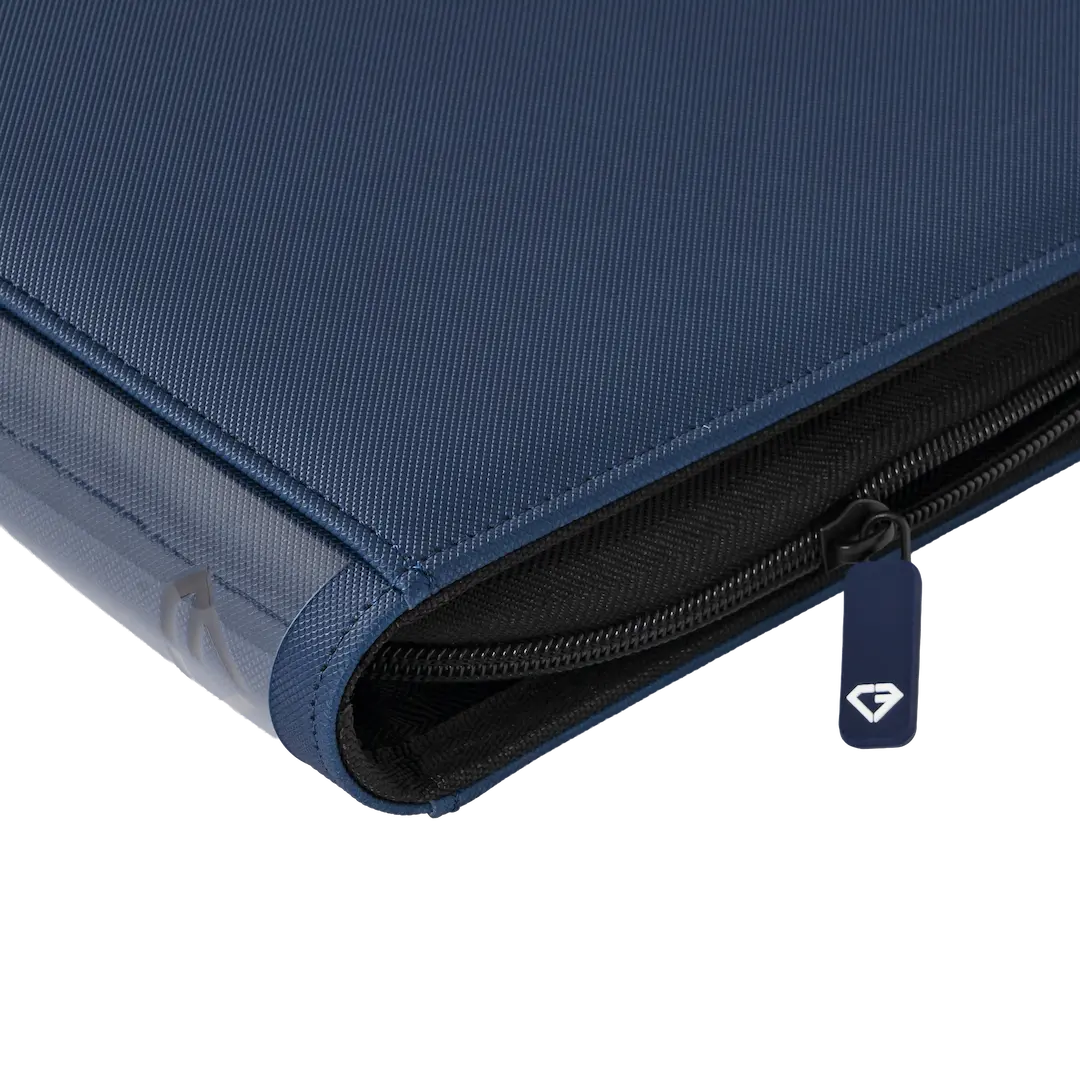 9-Pocket Toploader Card Binder Blue close-up view showing zipper and fine surface finish.