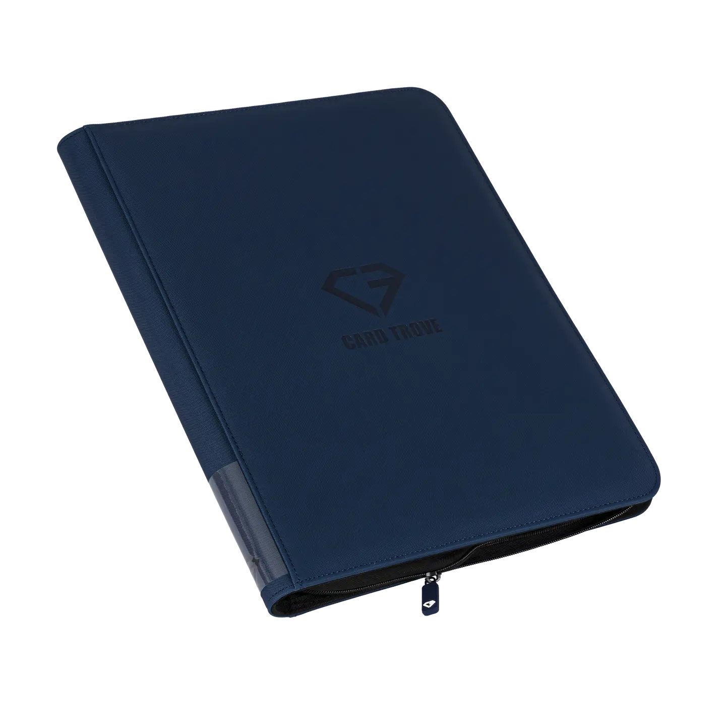 9-Pocket Toploader Card Binder Blue with zipper, designed for standard trading cards and toploaders.