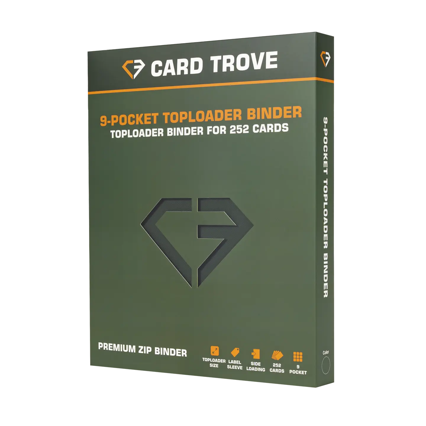 9-Pocket Toploader Card Binder Green, top loader binder for 252 cards, premium zip binder with splash and impact resistance.