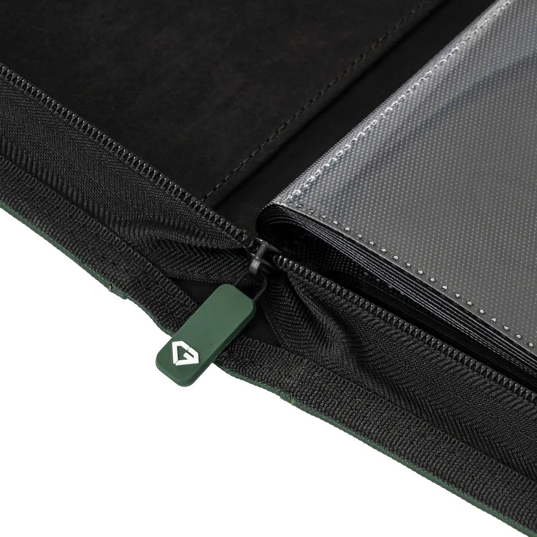 9-Pocket Toploader Card Binder Green zipper detail and ultra clear compartments for secure card storage.
