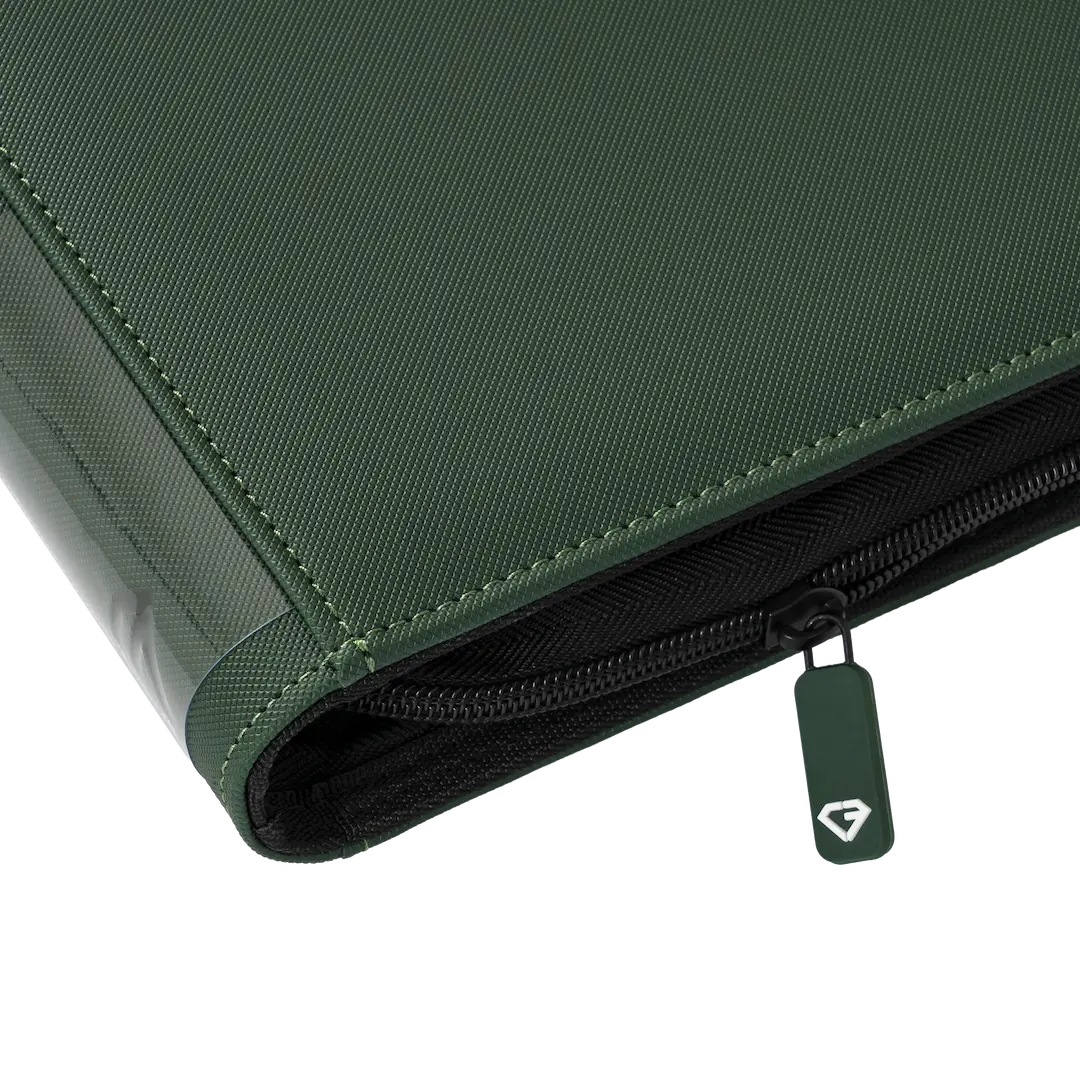 9-Pocket Toploader Card Binder Green close-up view showing zipper and durable texture.