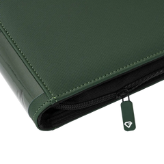 9-Pocket Toploader Card Binder Green close-up view showing zipper and durable texture.