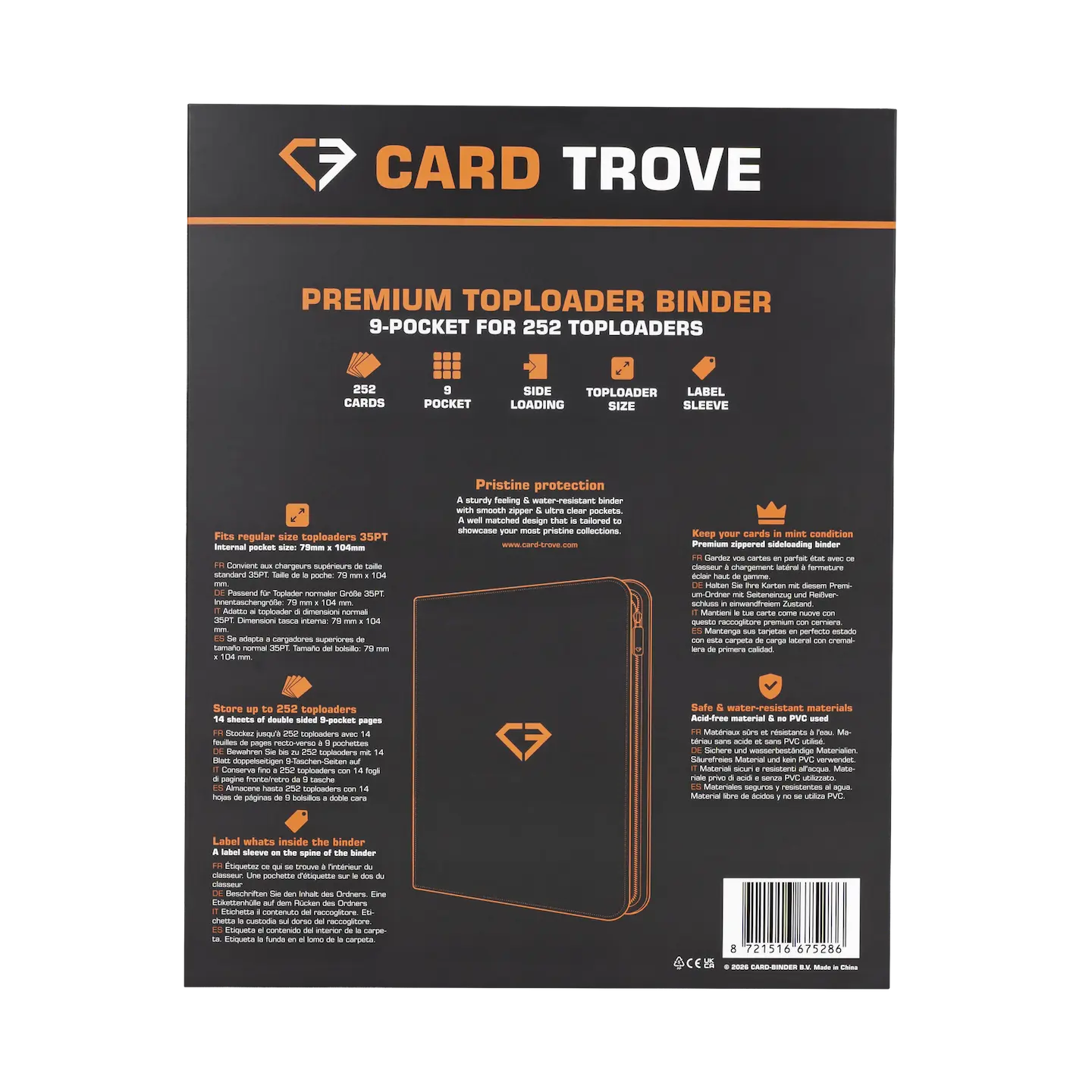 9 Pocket Toploader Card Binder back cover design with details and features for storing 252 standard toploaders.