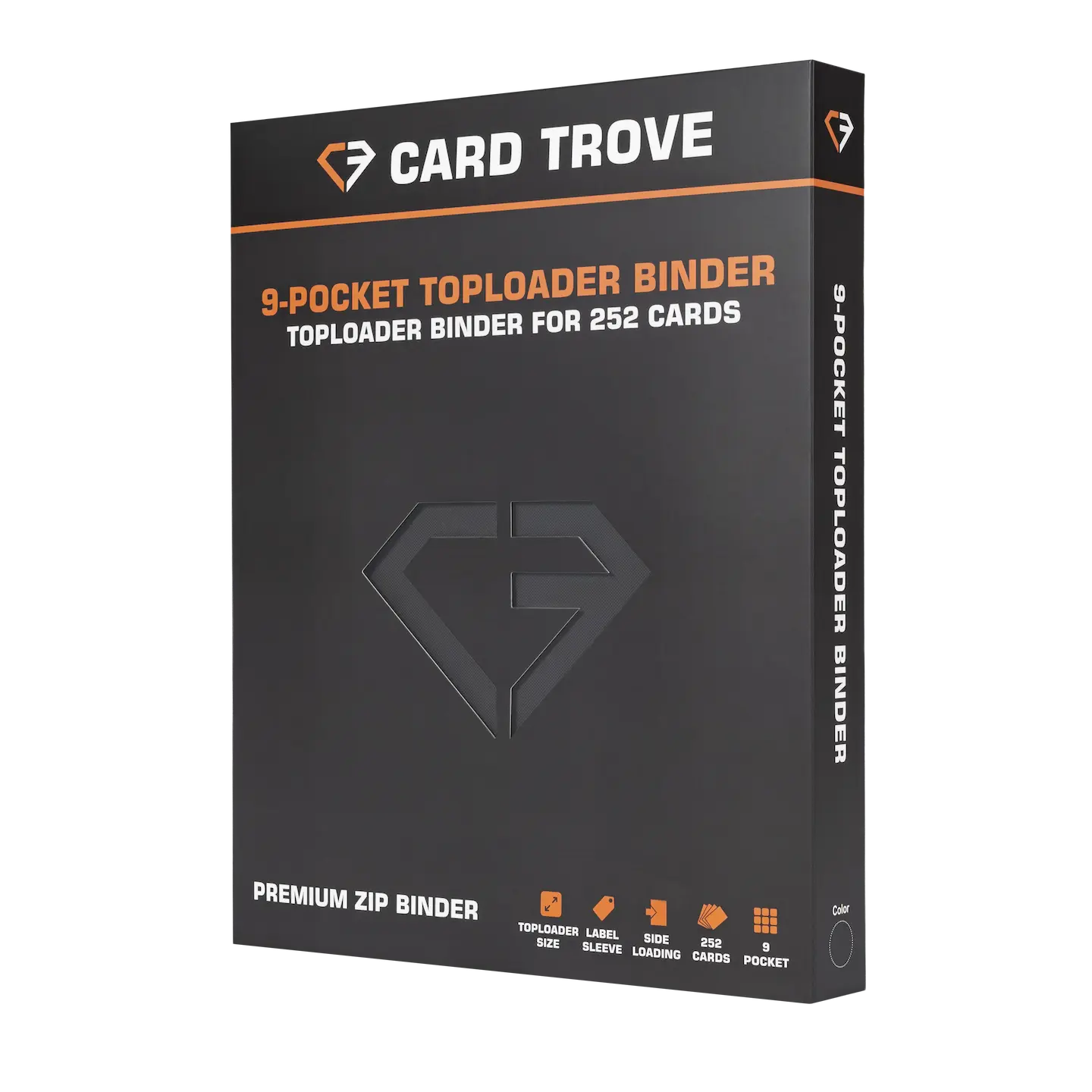 9 Pocket Toploader Card Binder for storing 252 trading cards, featuring ultra-clear compartments and smooth zipper.