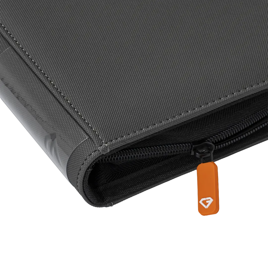 9 Pocket Toploader Card Binder grey zipper and edge detail for card storage and protection.