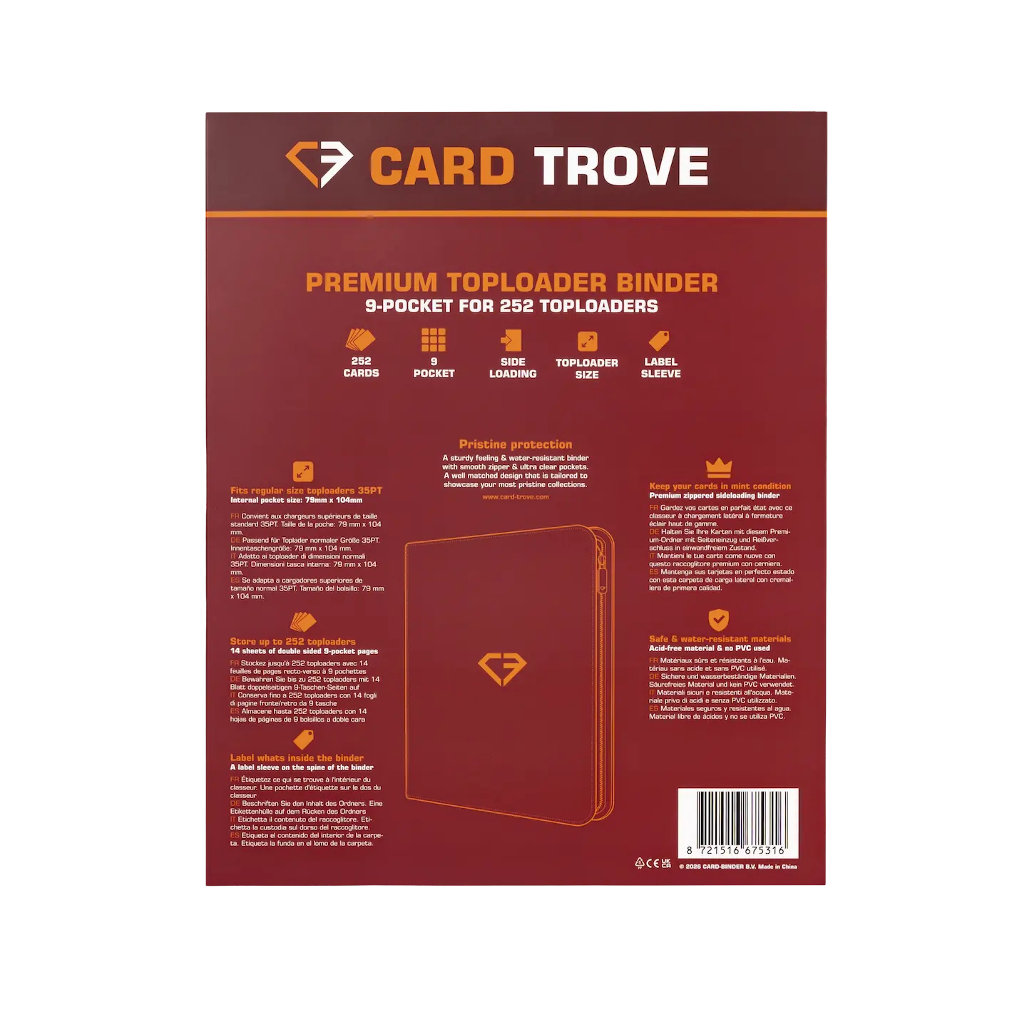 9-Pocket Toploader Card Binder Red back view with features and specifications for up to 252 toploaders.