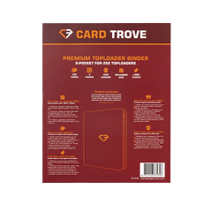 9-Pocket Toploader Card Binder Red back view with features and specifications for up to 252 toploaders.
