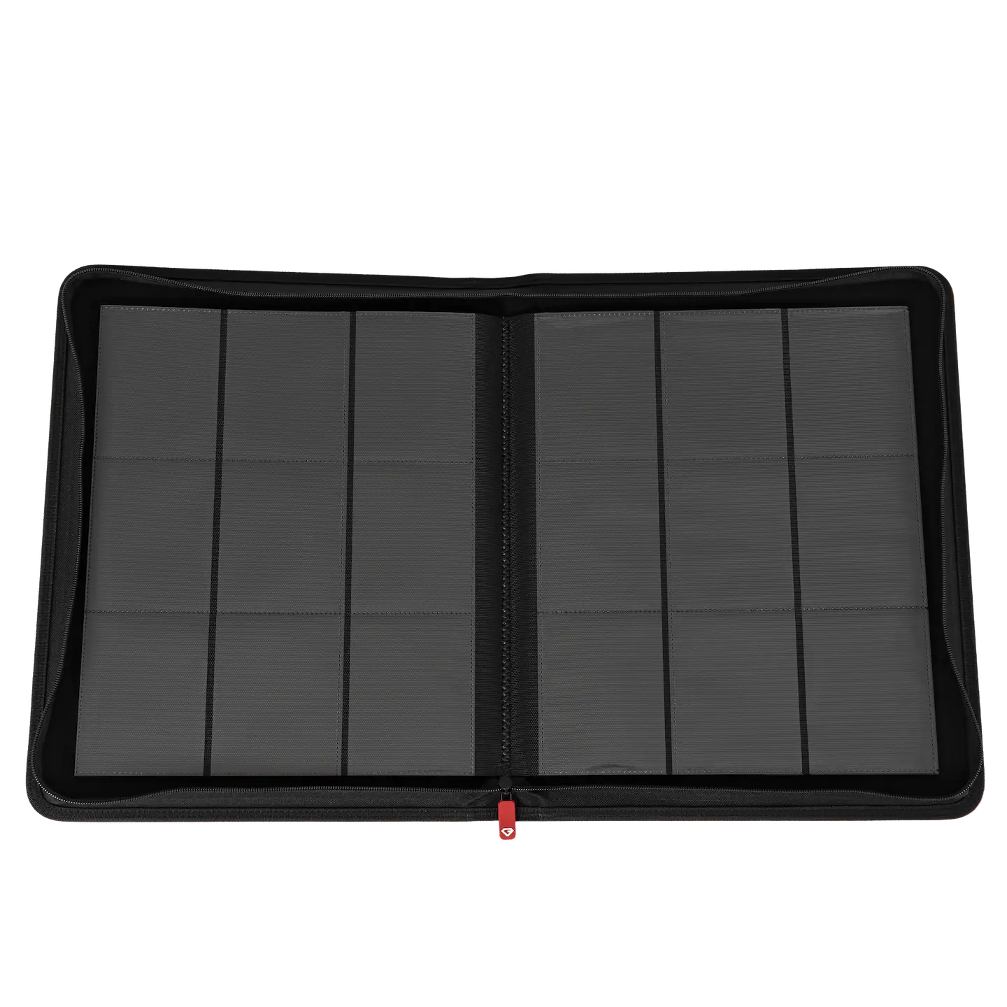 9-Pocket Toploader Card Binder Red with ultra clear compartments and smooth zipper for card storage.