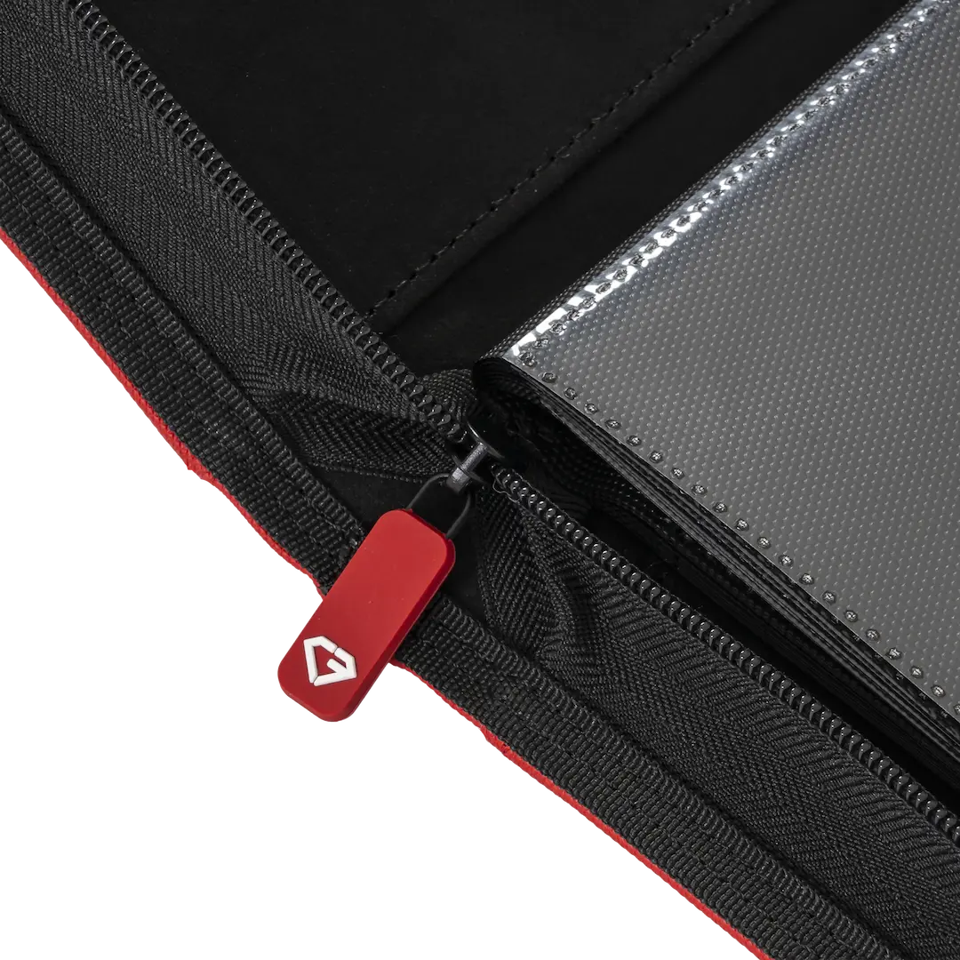 Close-up of the smooth zipper on the 9-Pocket Toploader Card Binder Red, showcasing quality design and durability.