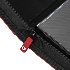 Close-up of the smooth zipper on the 9-Pocket Toploader Card Binder Red, showcasing quality design and durability.