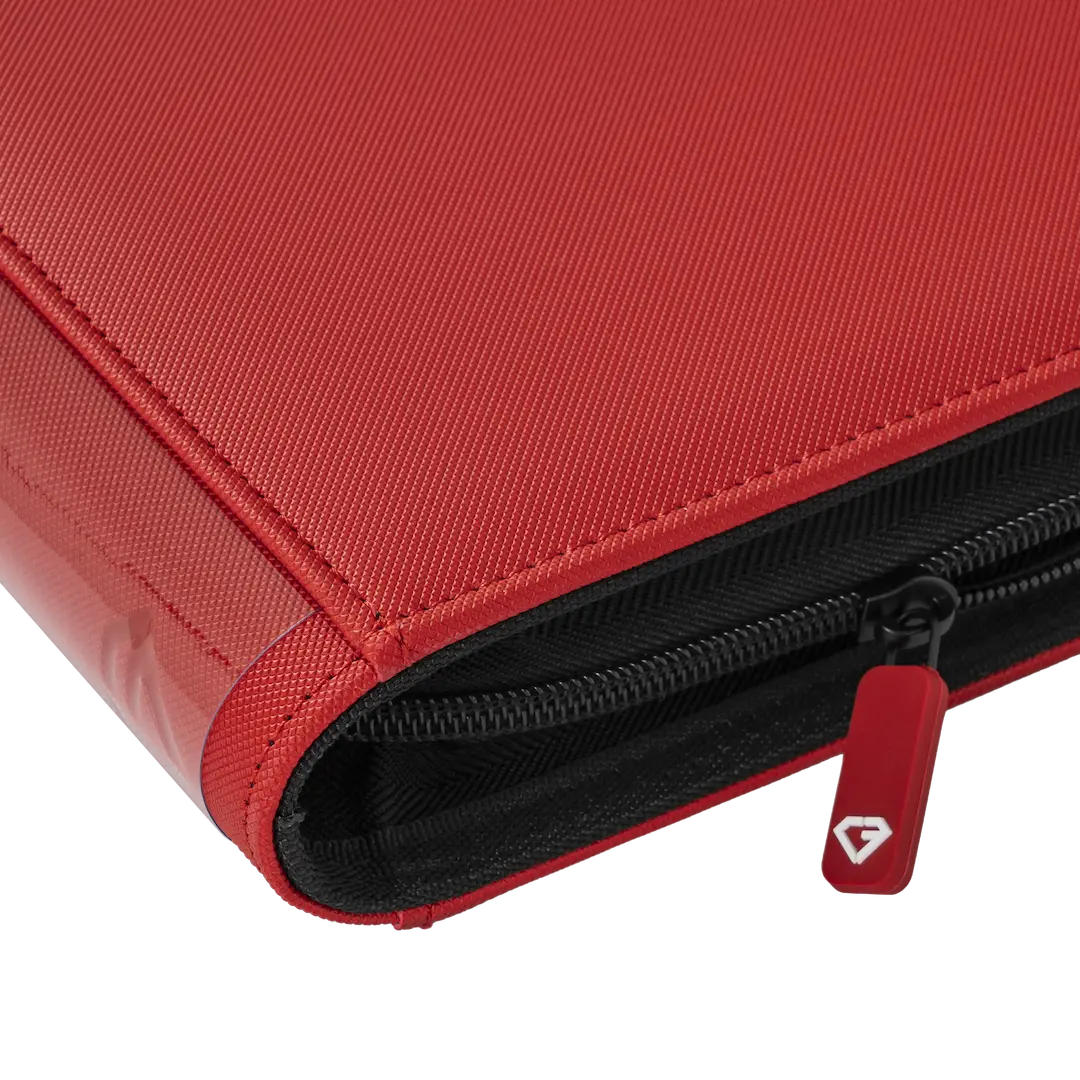 Close-up of the zipper on the 9-Pocket Toploader Card Binder Red, showcasing its durable and splash-resistant design.
